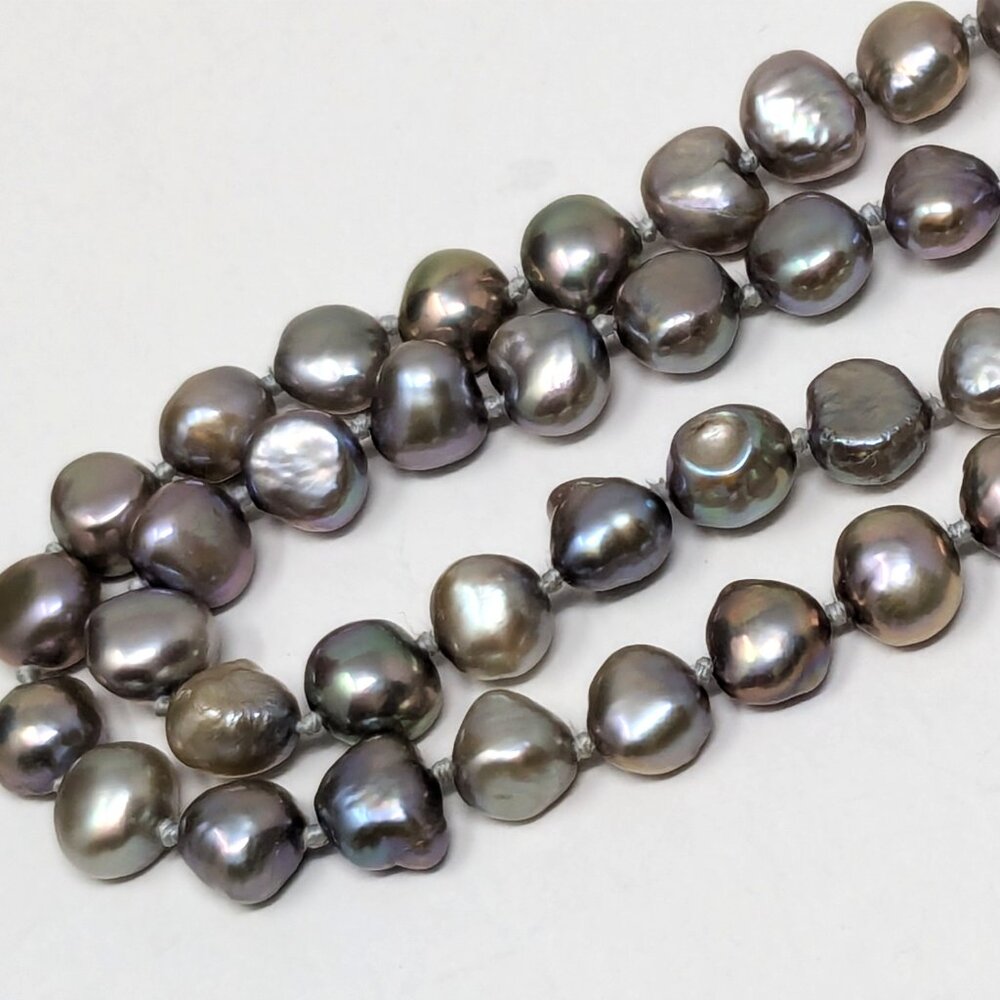 Gray Baroque Pearl Necklace Freshwater 18 in. Iridescent colorful luster Knotted